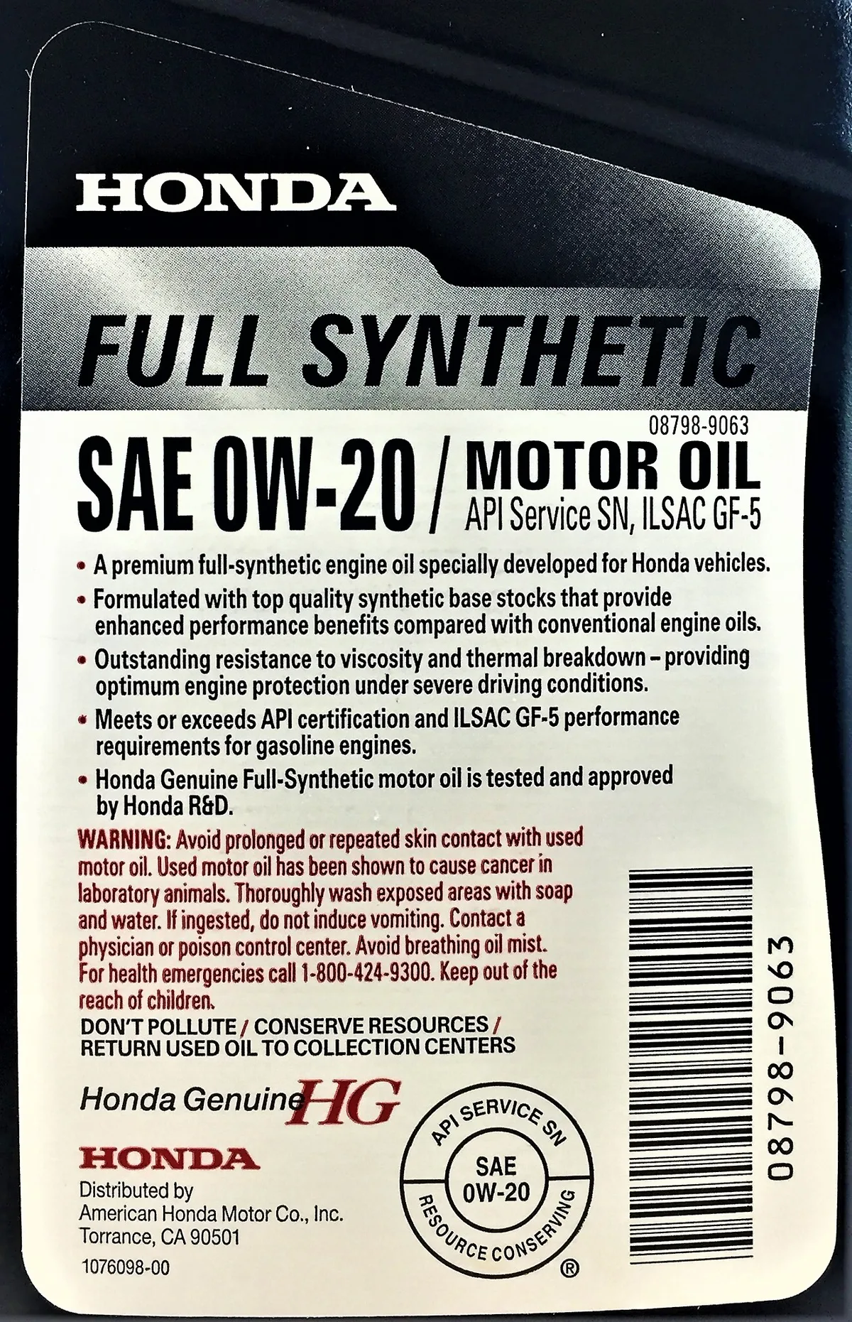 0W-20 synthetic oil bottle