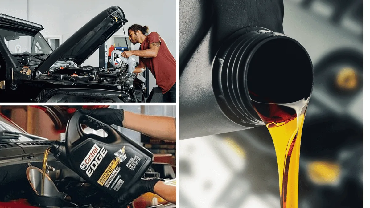 pouring 0W-20 oil into Camry engine